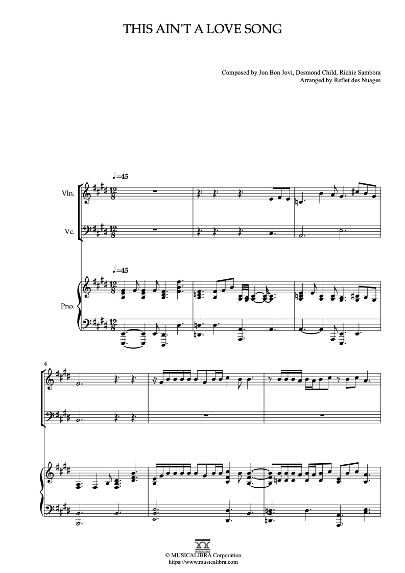 Sheet music of Bon Jovi This Ain't a Love Song arranged for violin, cello and piano trio chamber ensemble preview page 1