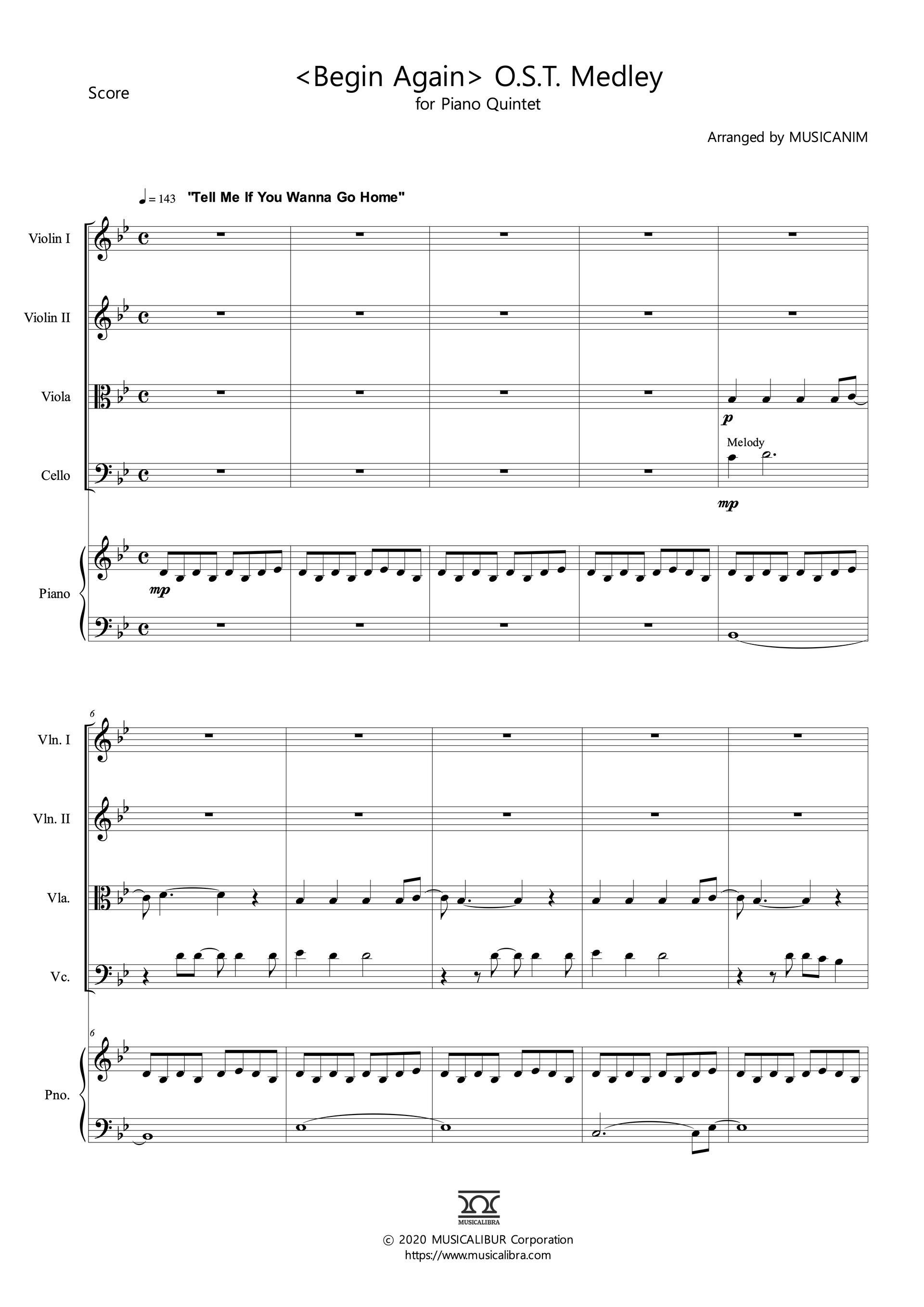 Begin Again 메들리 바이올린, 비올라, 첼로, 피아노 5중주 실내악 앙상블 악보