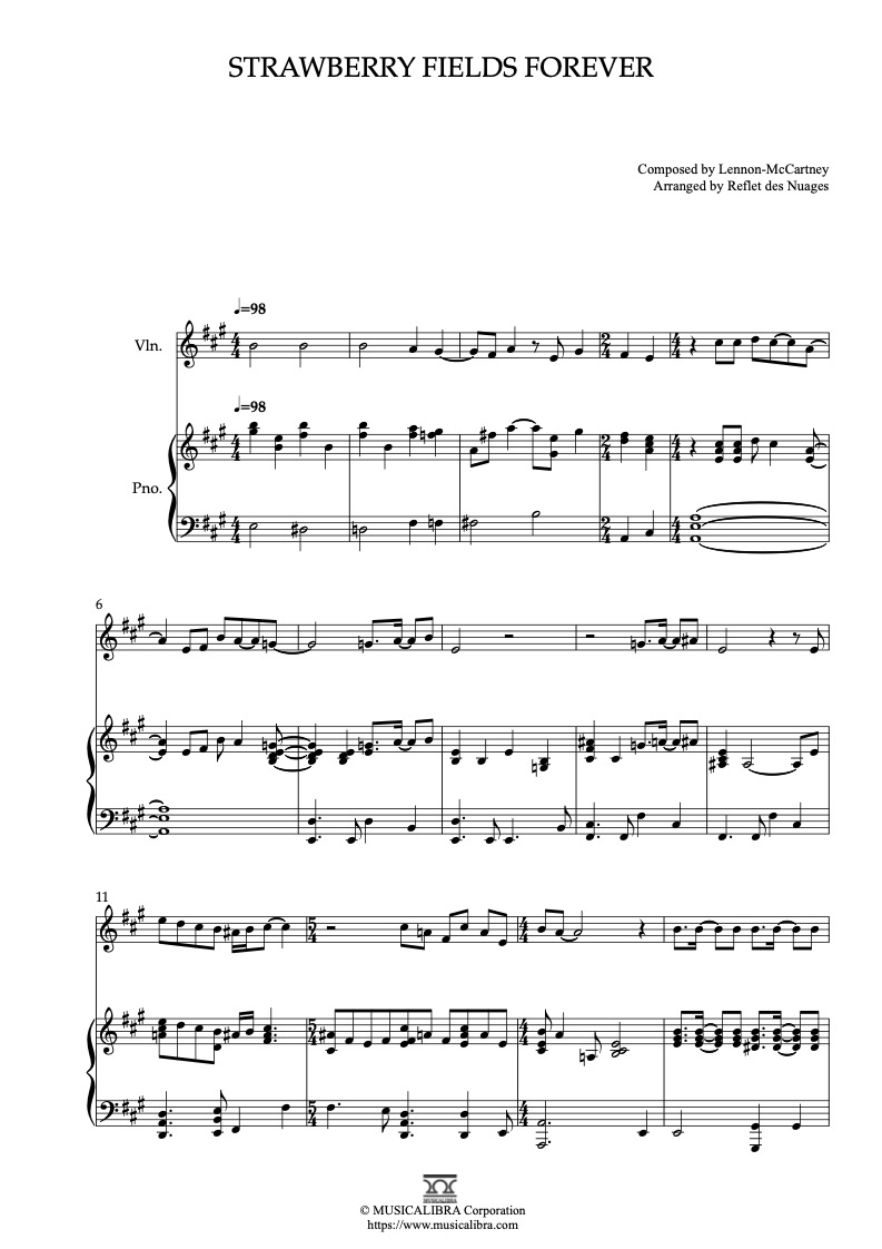 Partitura de The Beatles Strawberry Fields Forever arreglada para dueto de violín y piano