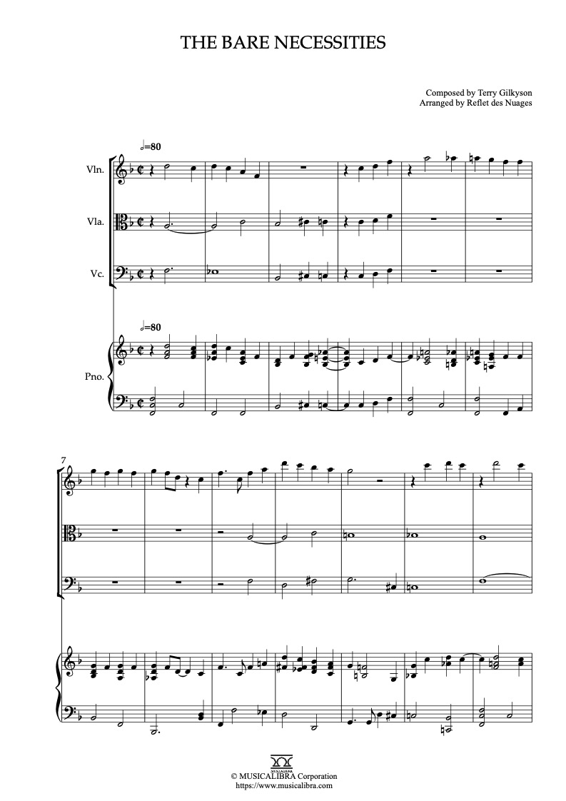Sheet music of The Jungle Book The Bare Necessities arranged for violin, viola, cello and piano quartet chamber ensemble preview page 1