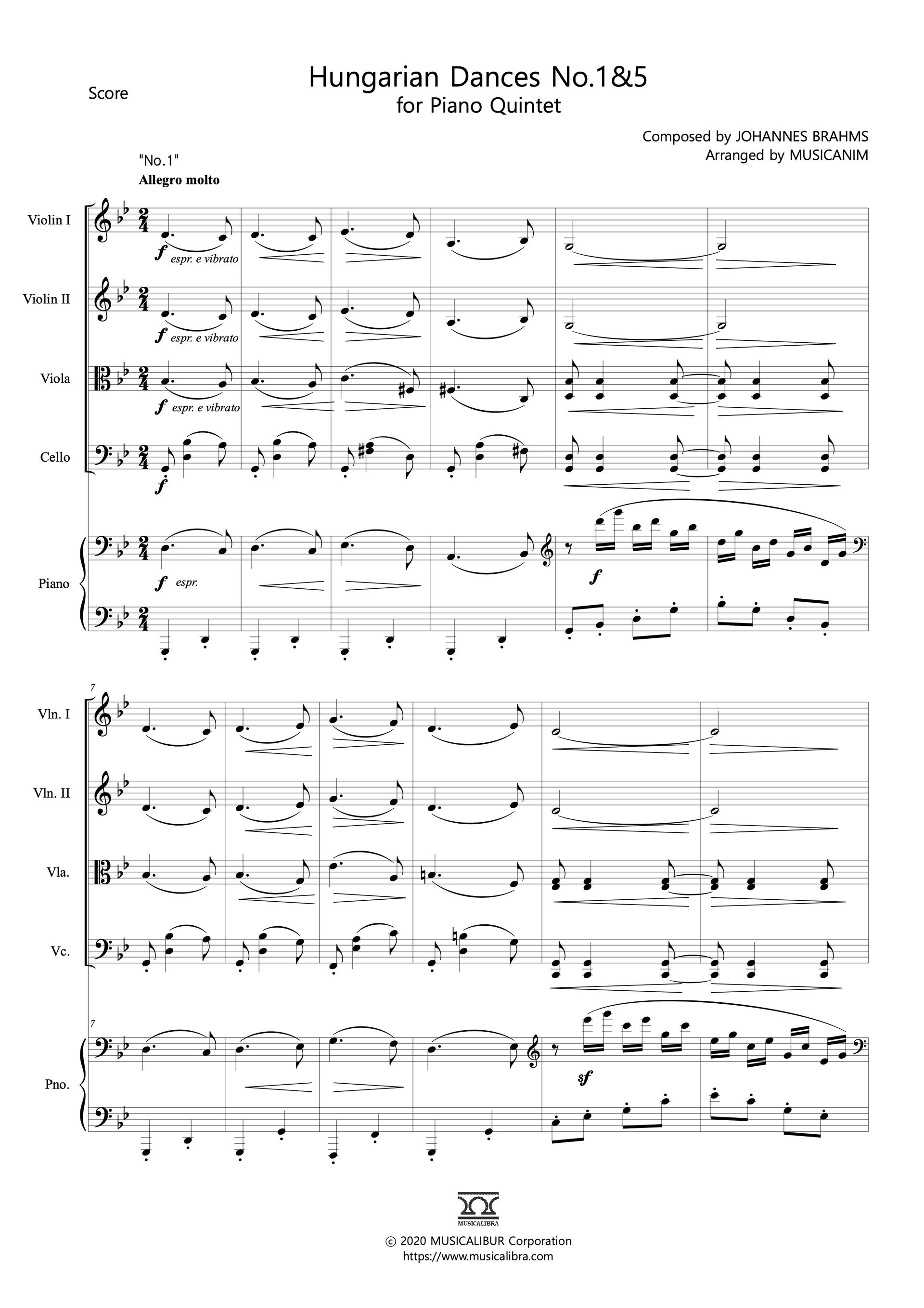 Sheet music of Hungarian Dances No. 1 and 5 arranged for violins, viola, cello and piano quintet preview page 1