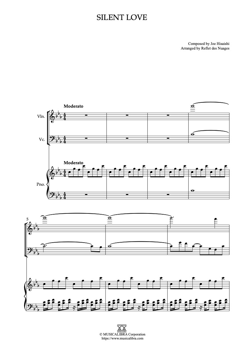 Sheet music of A Scene at the Sea Silent Love arranged for violin, cello and piano trio chamber ensemble preview page 1
