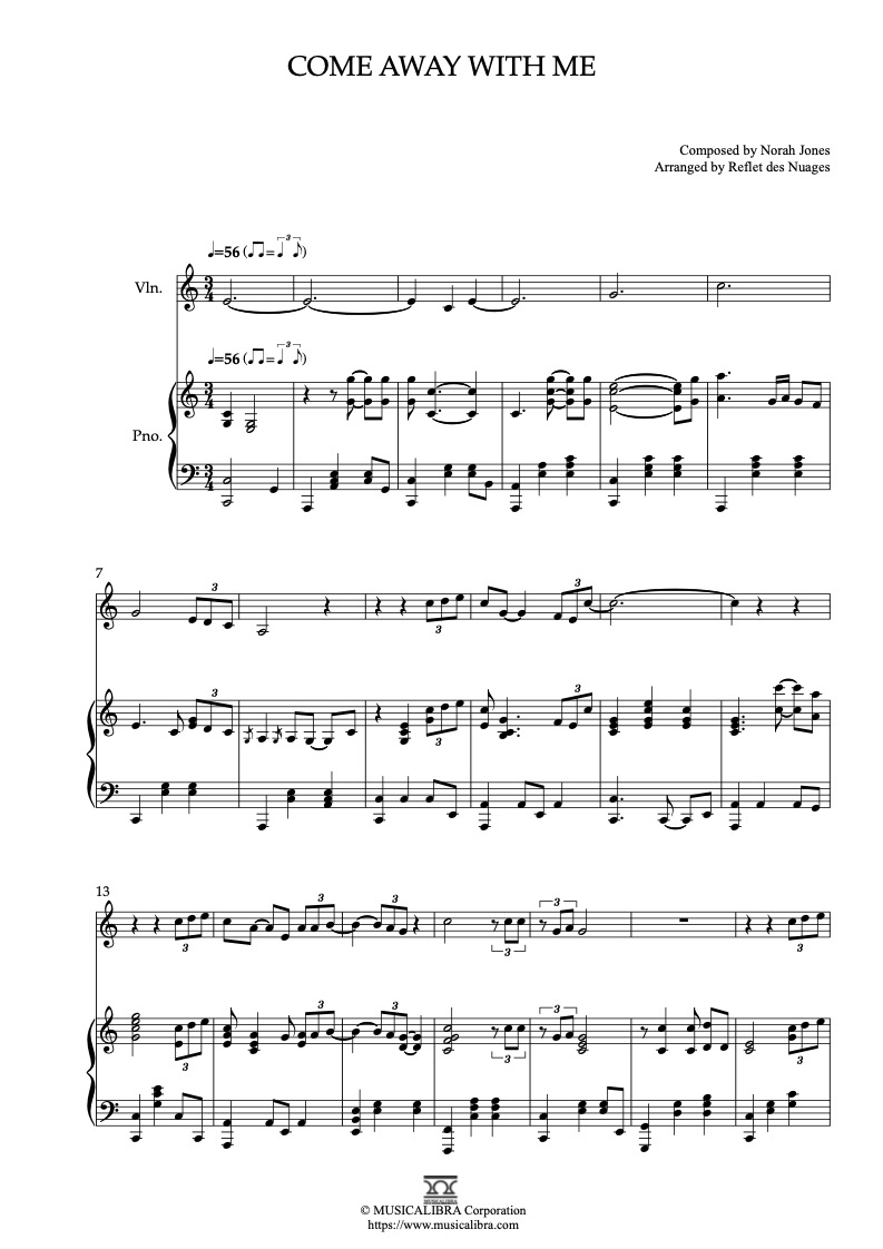 Norah Jones Come Away With Me 二重奏 樂譜 - 小提琴, 鋼琴