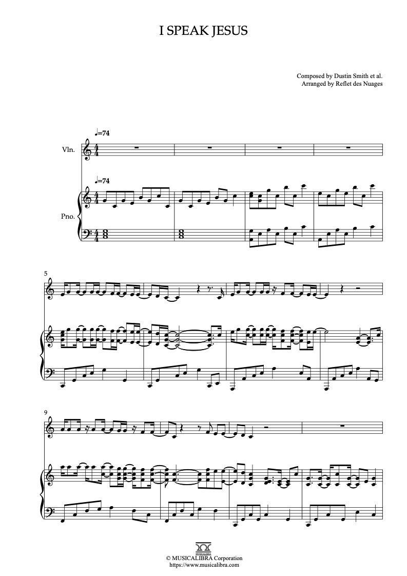 Partitura de I Speak Jesus arreglada para dueto de violín y piano