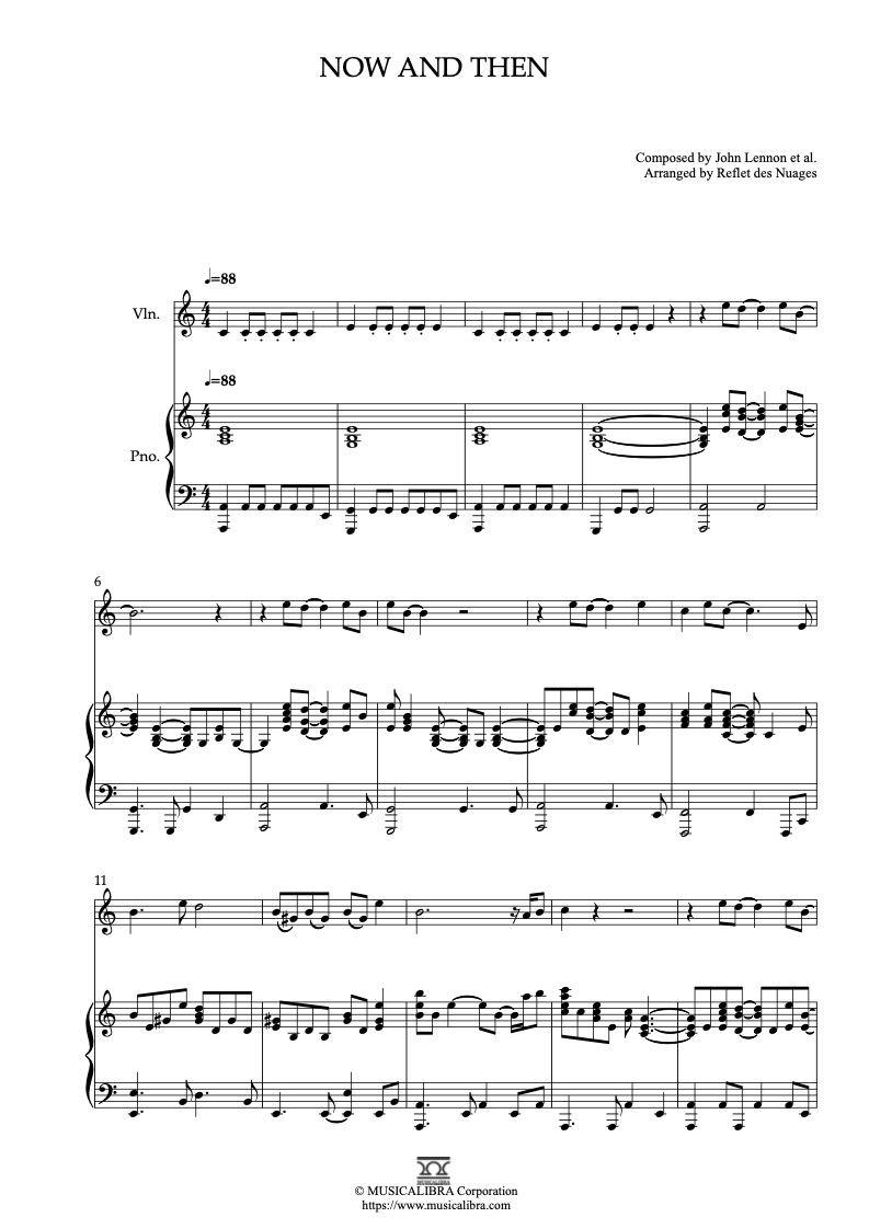 Sheet music of The Beatles Now and Then arranged for violin and piano duet preview page 1