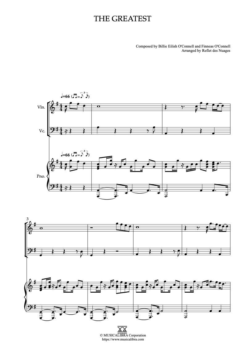 Sheet music of Billie Eilish The Greatest arranged for violin, cello and piano trio chamber ensemble preview page 1