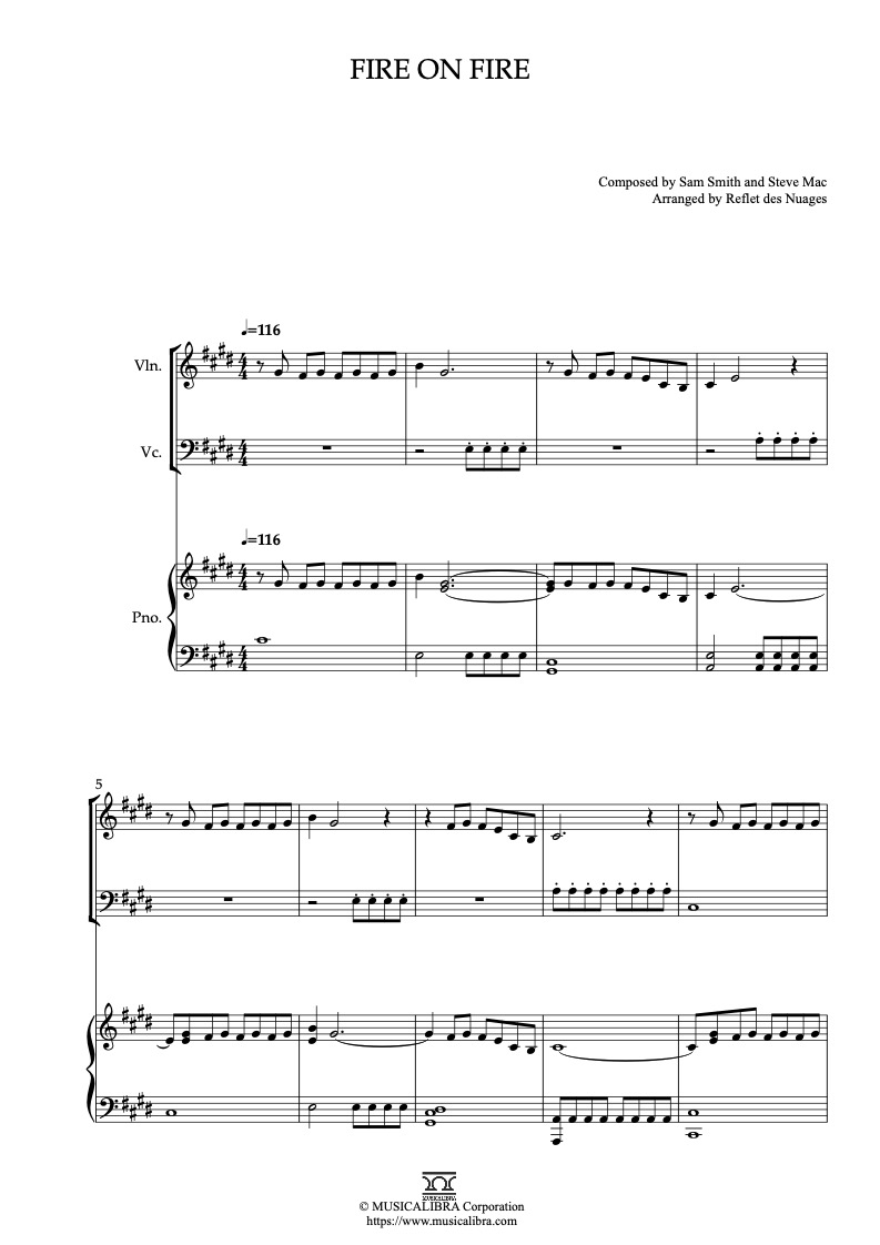 Partitura de Watership Down Fire on Fire arreglada para trío de violín, violonchelo y piano