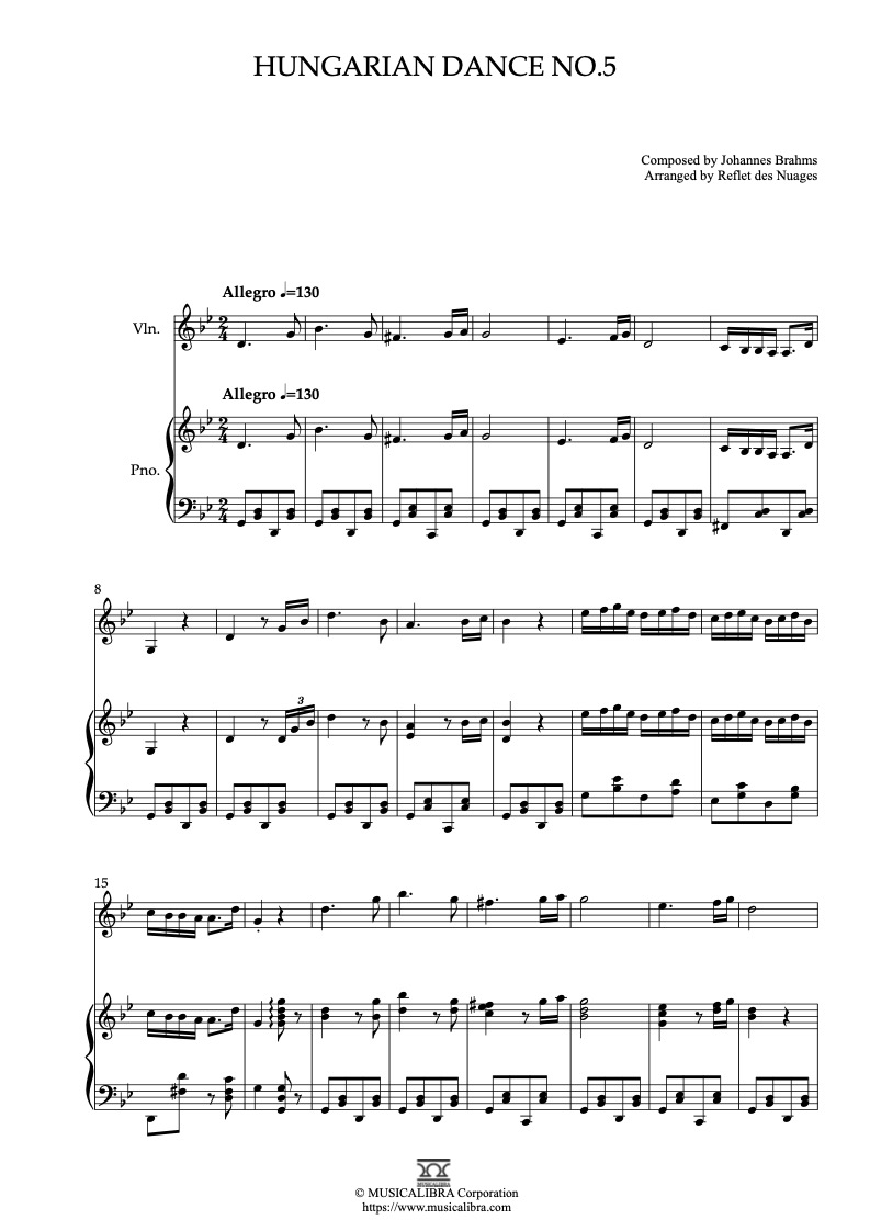 Hungarian Dances No.5 二重奏 樂譜 - 小提琴, 鋼琴