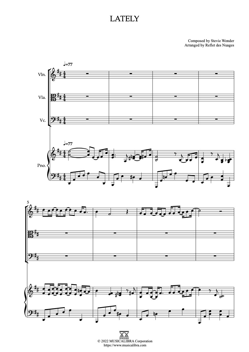 Lately 四重奏 乐谱 - 小提琴, 中提琴, 大提琴, 钢琴