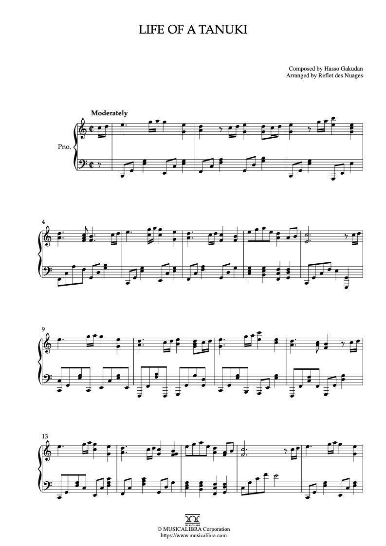 Partitura de Pom Poko Life of a Tanuki arreglada para piano solo