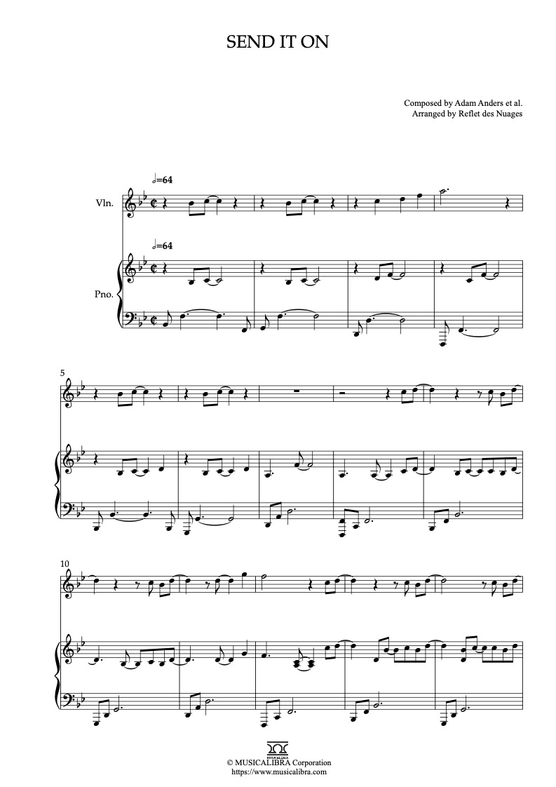 Sheet music of Friends for Change Send It On arranged for violin and piano duet chamber ensemble preview page 1