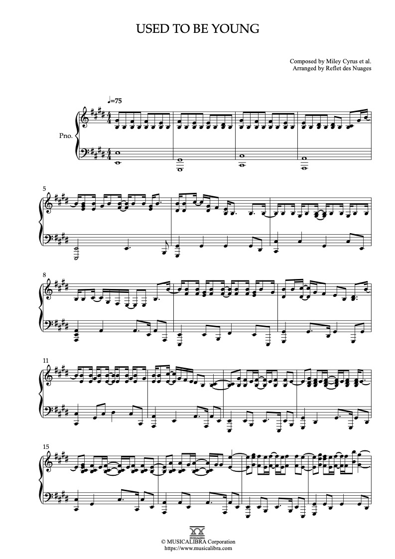 Partitura de Miley Cyrus Used to Be Young arreglada para piano solo