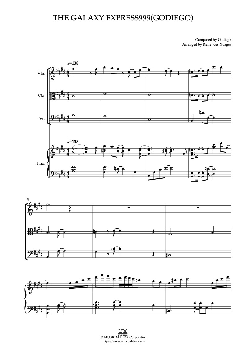 Partitura de The Galaxy Express999(Godiego) arreglada para cuarteto de violín, viola, violonchelo y piano