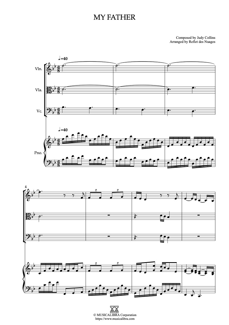 Sheet music of Judy Collins My Father arranged for violin, viola, cello and piano quartet chamber ensemble preview page 1