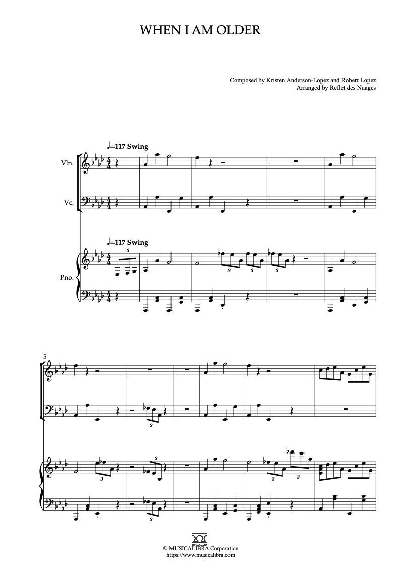Frozen 2 When I Am Older 編曲楽譜 - ヴァイオリン、チェロ、ピアノトリオ