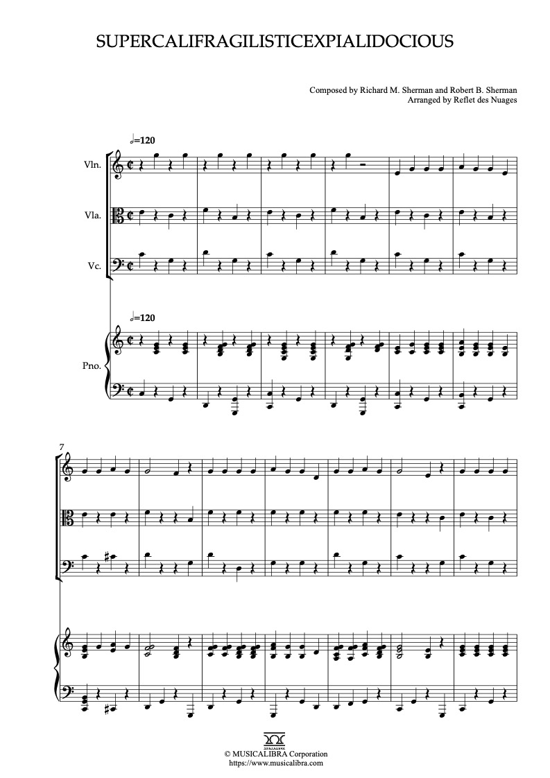 Partitura de Mary Poppins Supercalifragilisticexpialidocious arreglada para cuarteto de violín, viola, violonchelo y piano