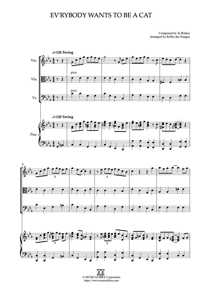 Partitura de The Aristocats Ev'rybody Wants to Be a Cat arreglada para cuarteto de violín, viola, violonchelo y piano