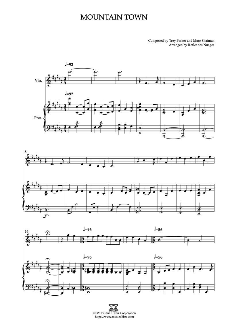 Partitura de South Park Mountain Town arreglada para dueto de violín y piano