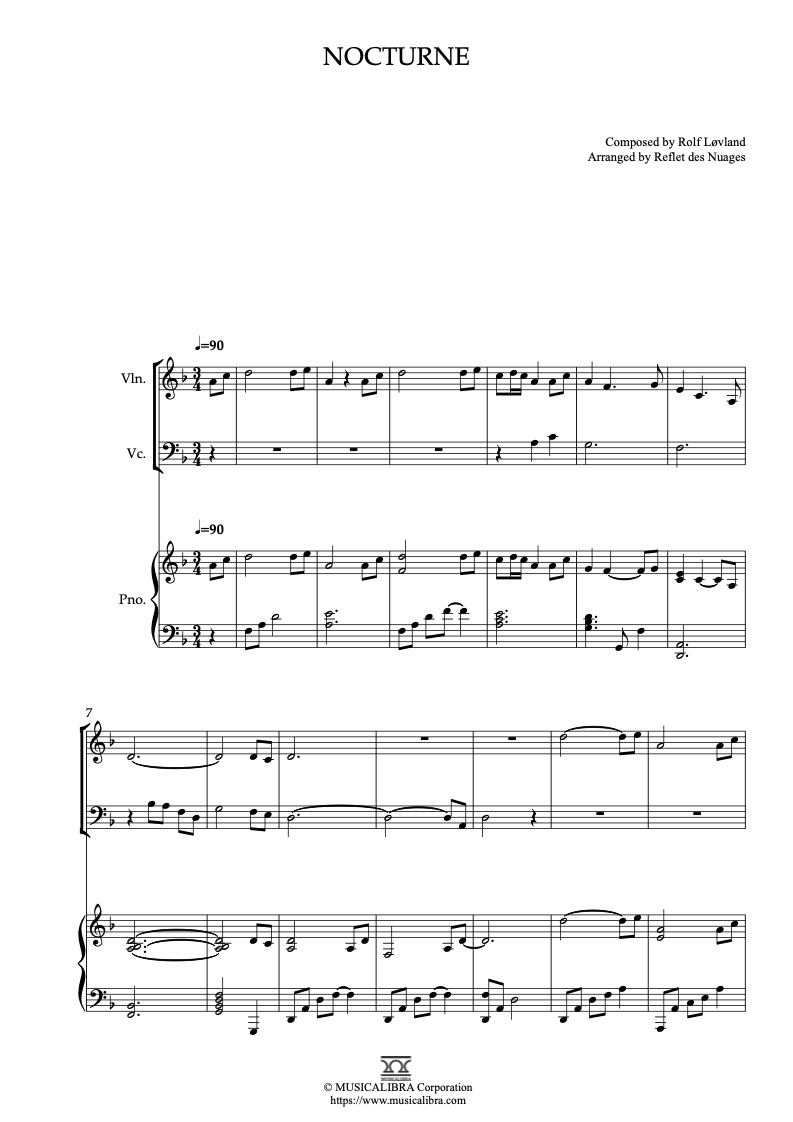 Sheet music of Secret Garden Nocturne arranged for violin, cello and piano trio chamber ensemble preview page 1