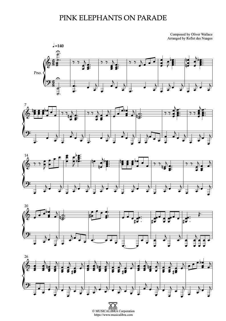 Partitura de Dumbo Pink Elephants on Parade arreglada para piano solo
