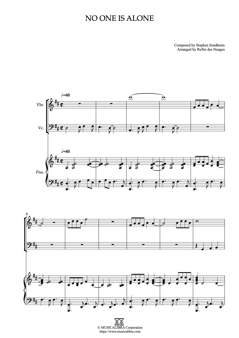 Sheet music of Into the Woods No One Is Alone arranged for violin, cello and piano trio chamber ensemble preview page 1