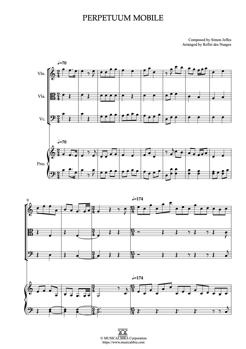 Partitura de Mary & Max Perpetuum Mobile arreglada para cuarteto de violín, viola, violonchelo y piano