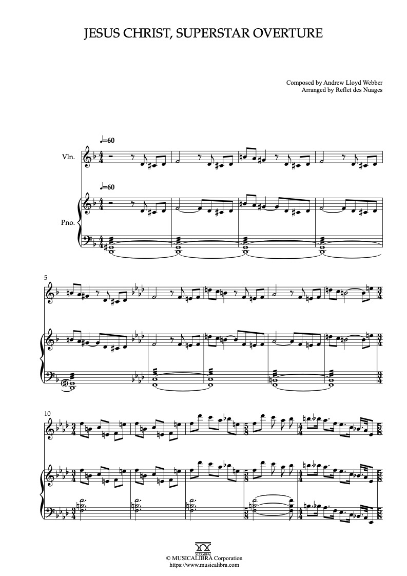 Sheet music of Jesus Christ, Superstar Overture arranged for violin and piano duet chamber ensemble preview page 1
