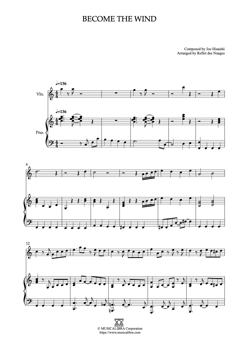 Sheet music of The Wind Rises Become the Wind arranged for violin and piano duet chamber ensemble preview page 1
