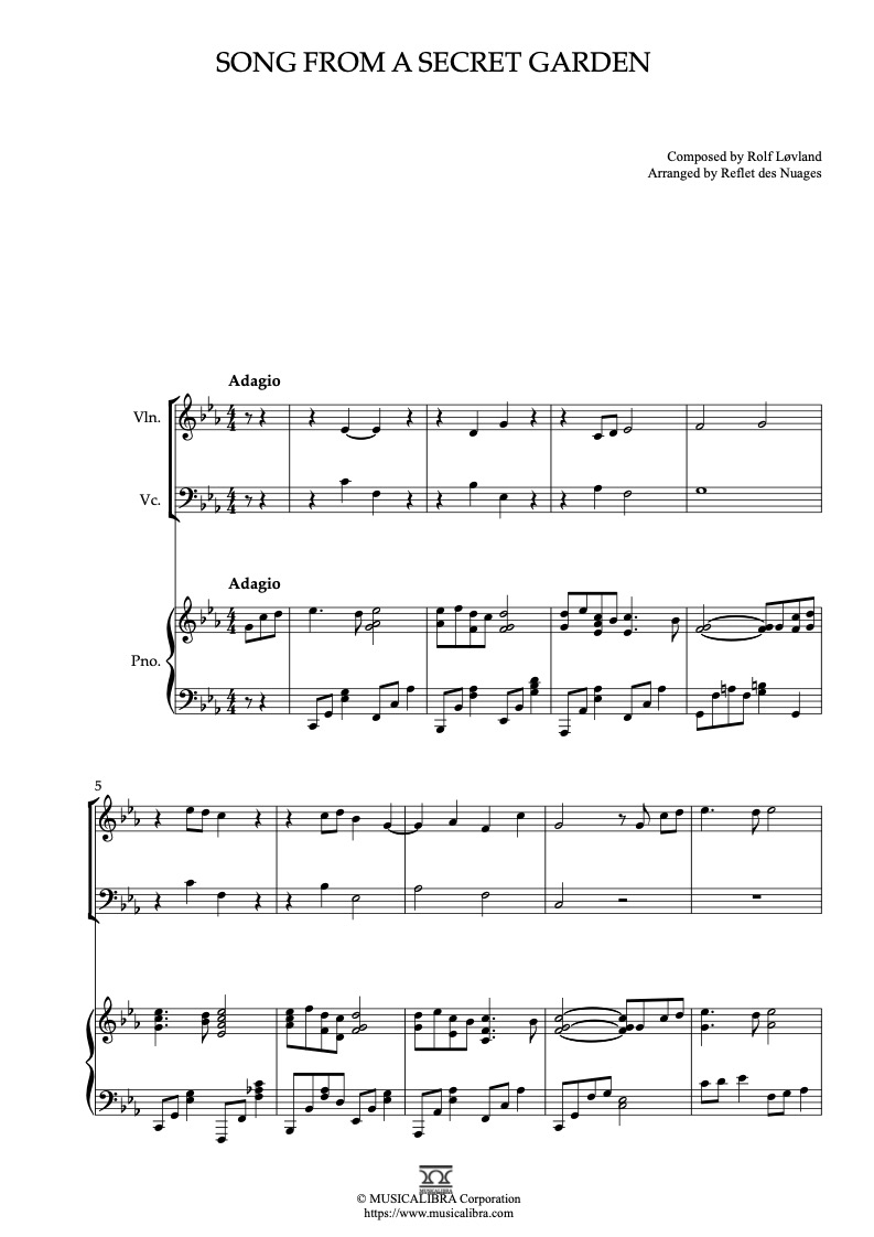 Song From a Secret Garden 바이올린, 첼로, 피아노 트리오 실내악 앙상블 편곡 악보