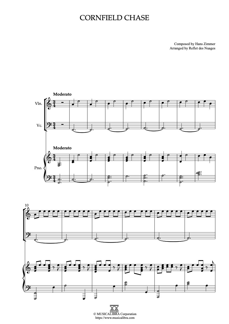 Interstellar Theme Cornfield Chase 三重奏 乐谱 - 小提琴, 大提琴, 钢琴