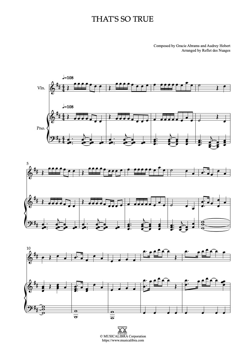 Sheet music of Gracie Abrams That's So True arranged for violin and piano duet chamber ensemble preview page 1