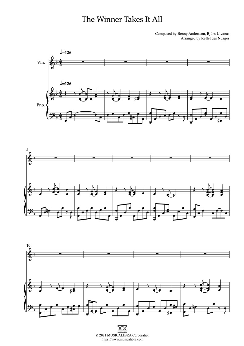 ABBA The Winner Takes It All 二重奏 乐谱 - 小提琴, 钢琴