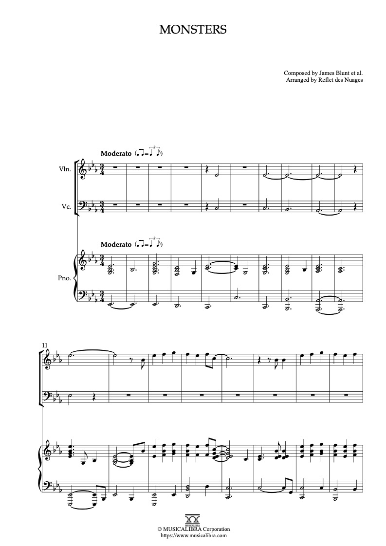 [TRIO SHEET MUSIC] Monsters(James Blunt) - Violin, Cello and Piano ...