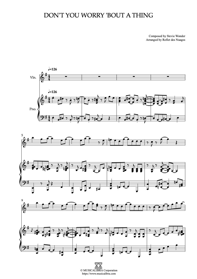 Partitura de Sing Don't You Worry 'Bout a Thing arreglada para dueto de violín y piano