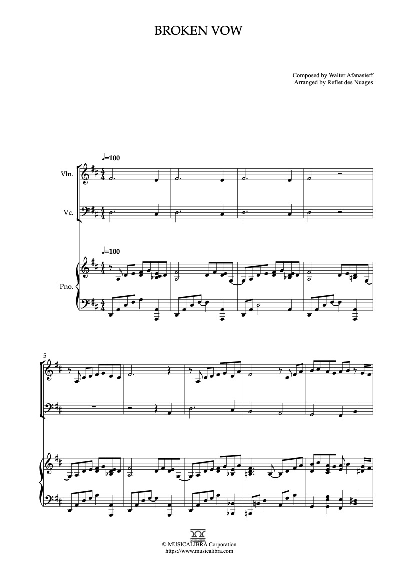 Sheet music of Lara Fabian Broken Vow arranged for violin, cello and piano trio chamber ensemble preview page 1