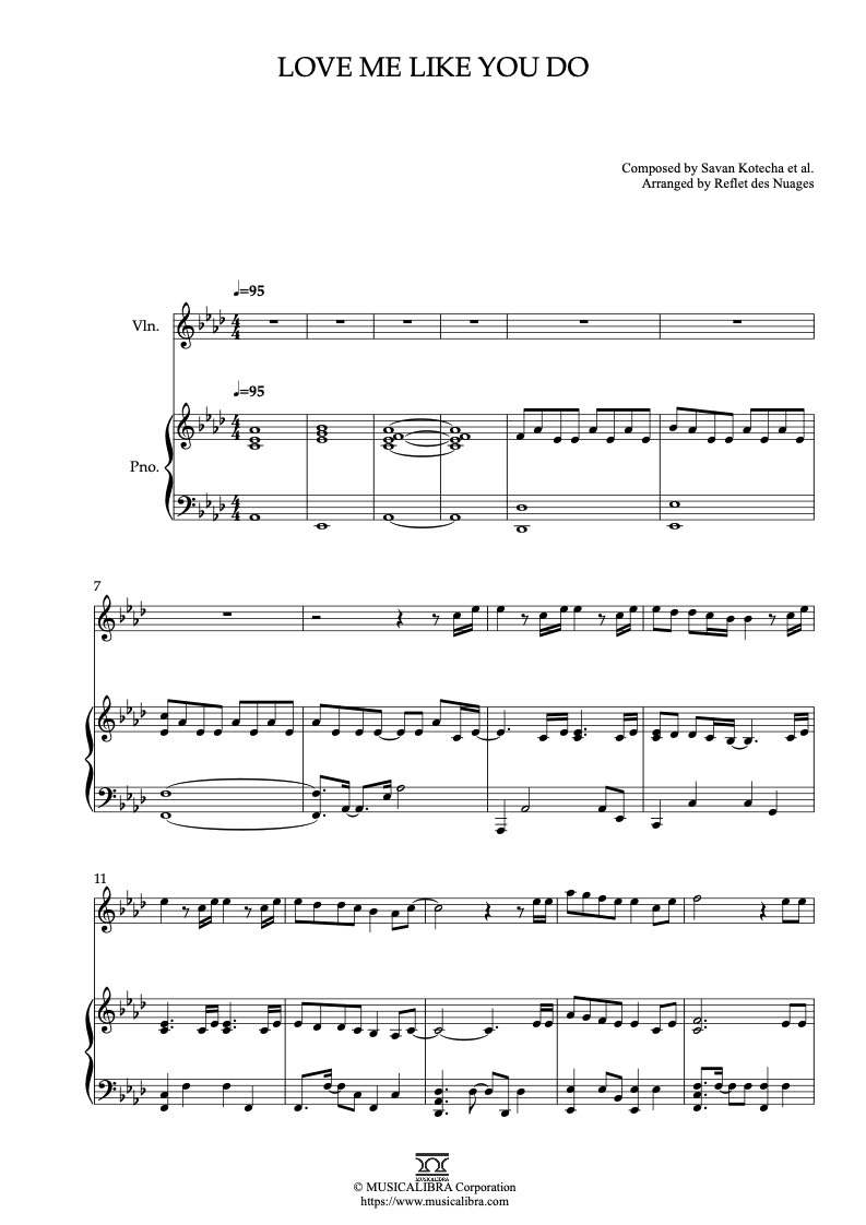 Sheet music of Ellie Goulding Love Me Like You Do arranged for violin and piano duet chamber ensemble preview page 1