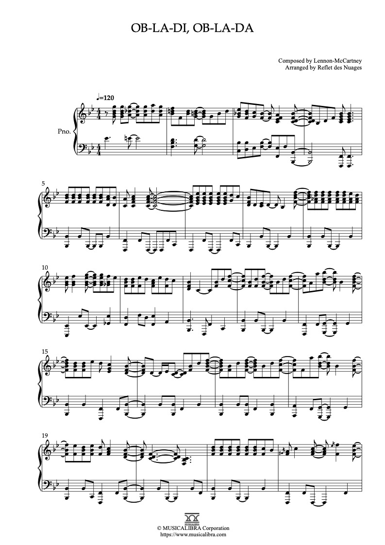 Partitura de The Beatles Ob-La-Di, Ob-La-Da arreglada para piano solo