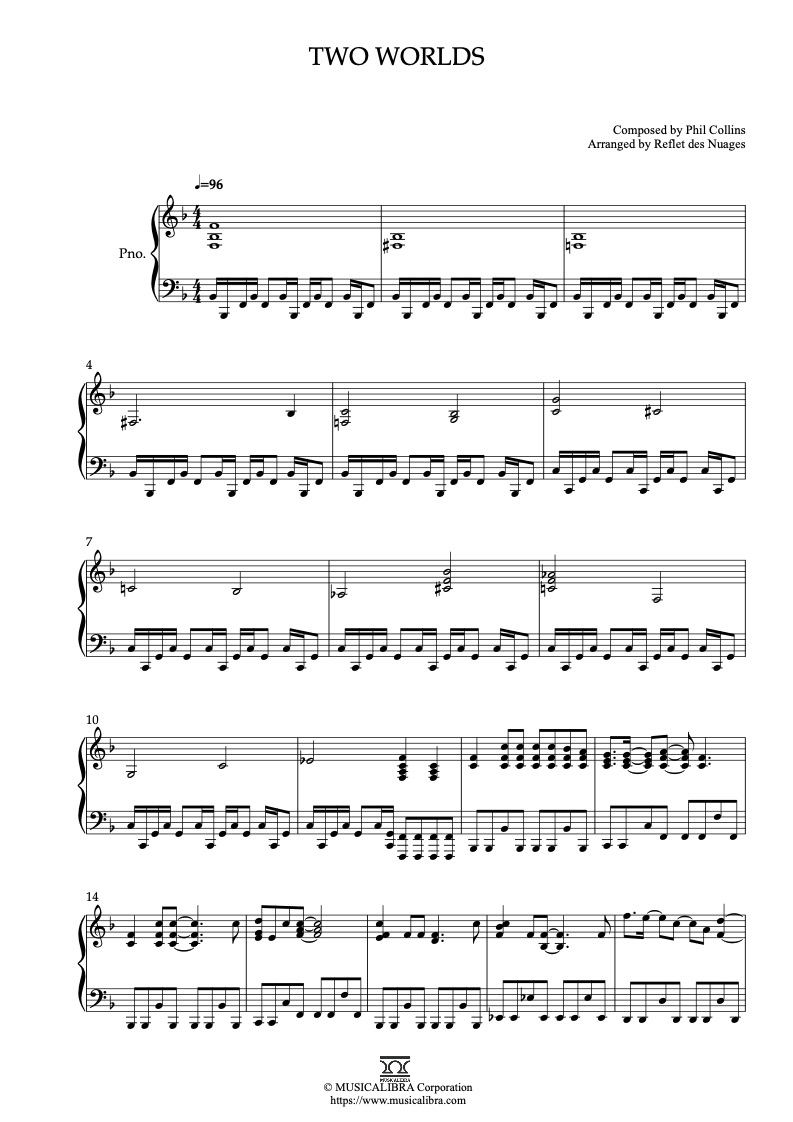 Partitura de Tarzan Two Worlds arreglada para piano solo