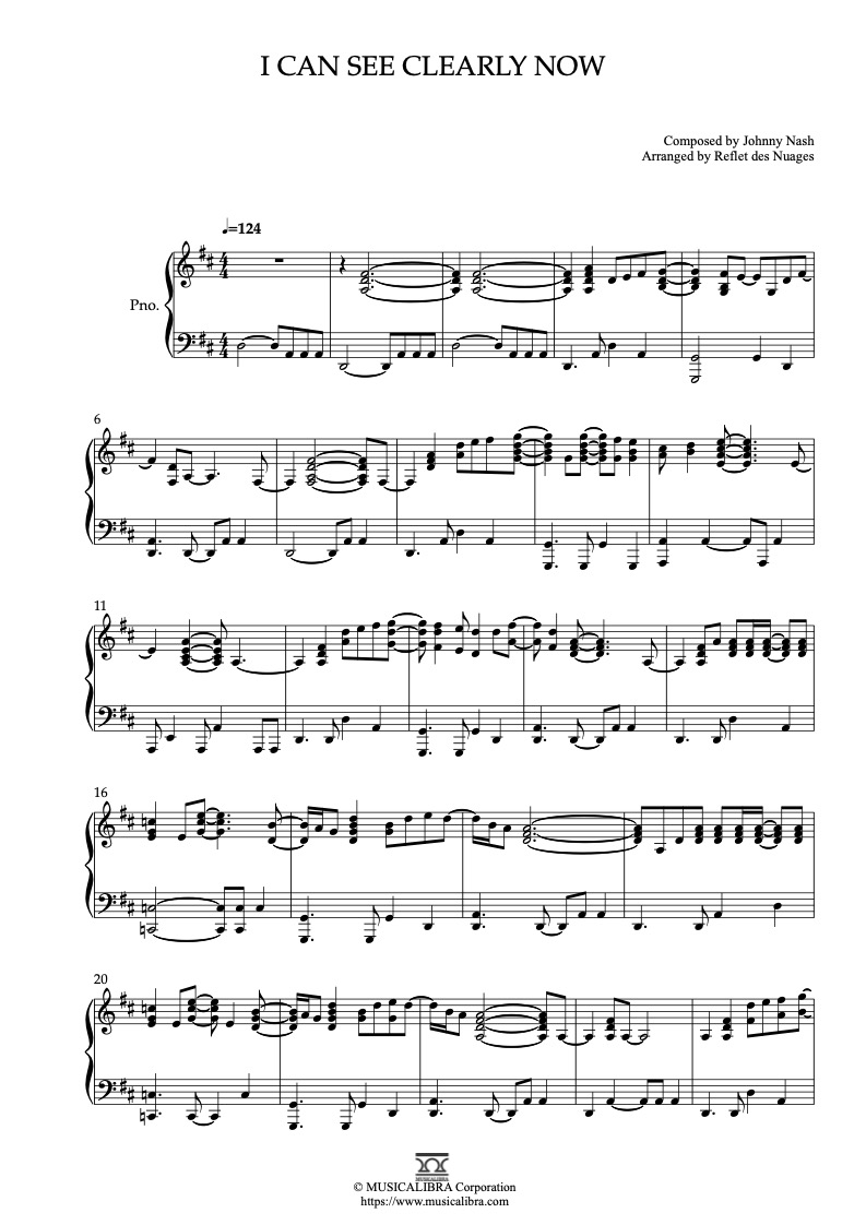 Partitura de Johnny Nash I Can See Clearly Now arreglada para piano solo