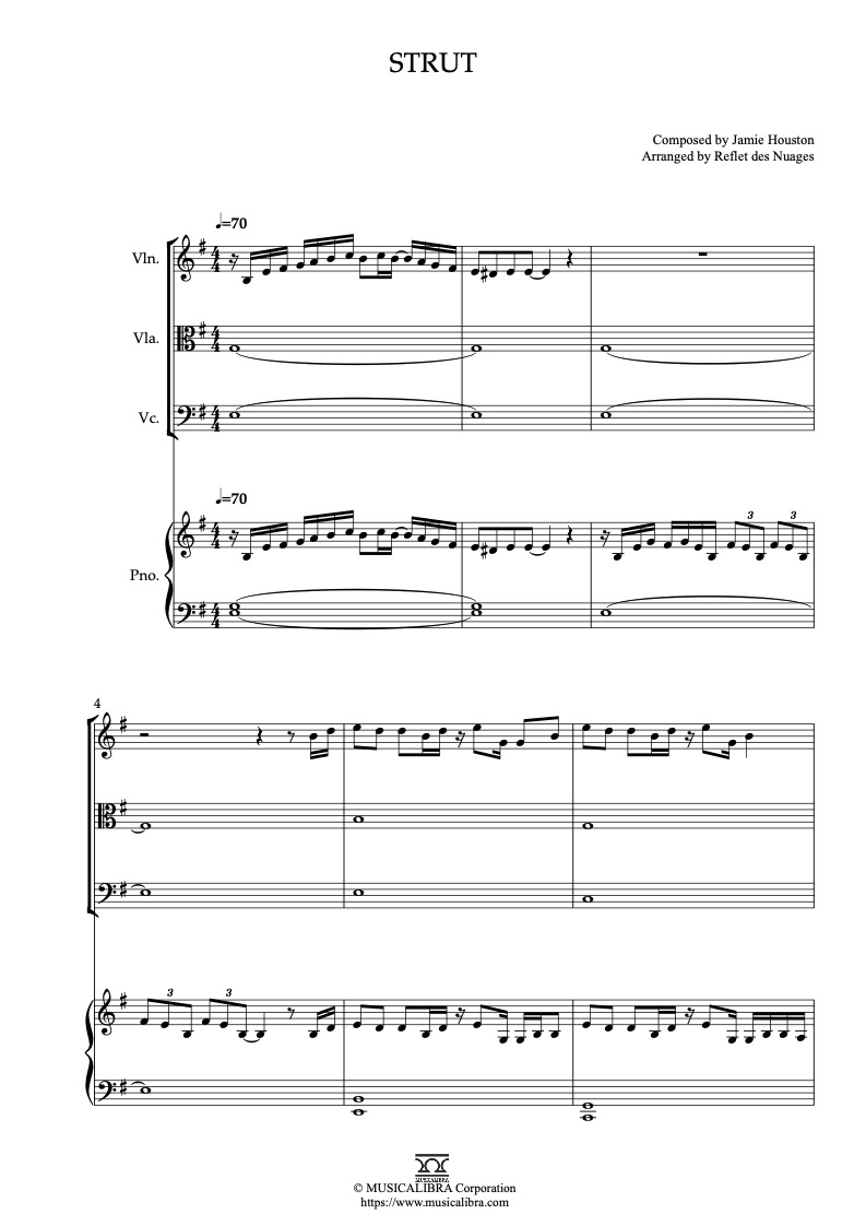 Sheet music of The Cheetah Girls Strut arranged for violin, viola, cello and piano quartet chamber ensemble preview page 1