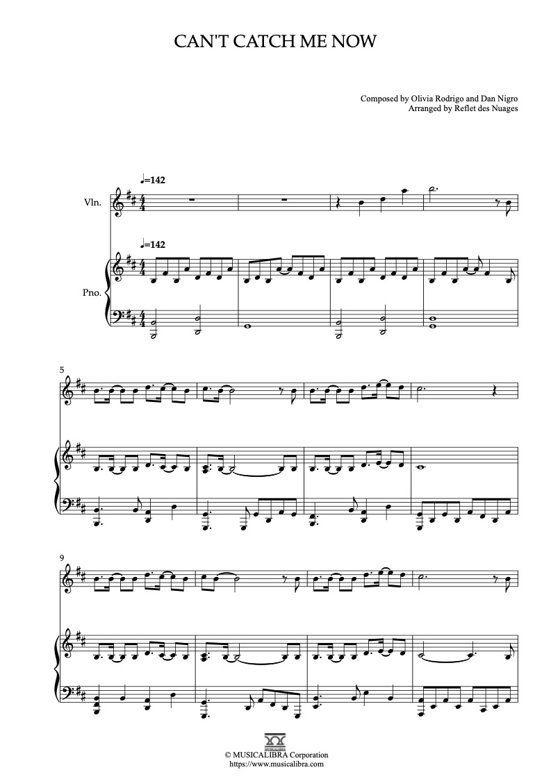 Sheet music of Olivia Rodrigo Can't Catch Me Now arranged for violin and piano duet chamber ensemble preview page 1