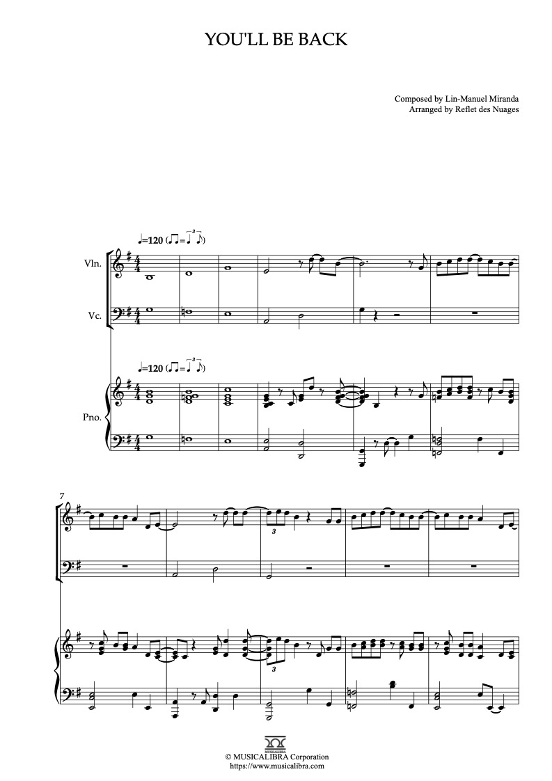 Hamilton Themes You'll Be Back 三重奏 乐谱 - 小提琴, 大提琴, 钢琴