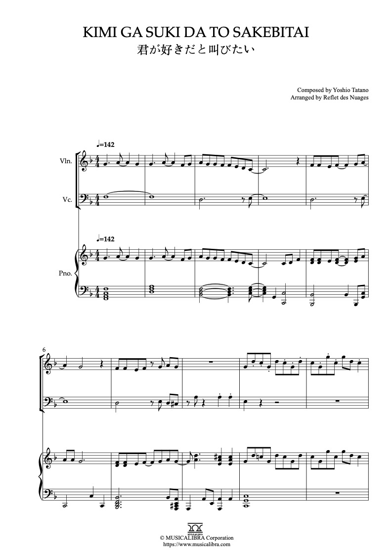 Partitura de Slam Dunk Kimi Ga Suki Da To Sakebitai arreglada para trío de violín, violonchelo y piano