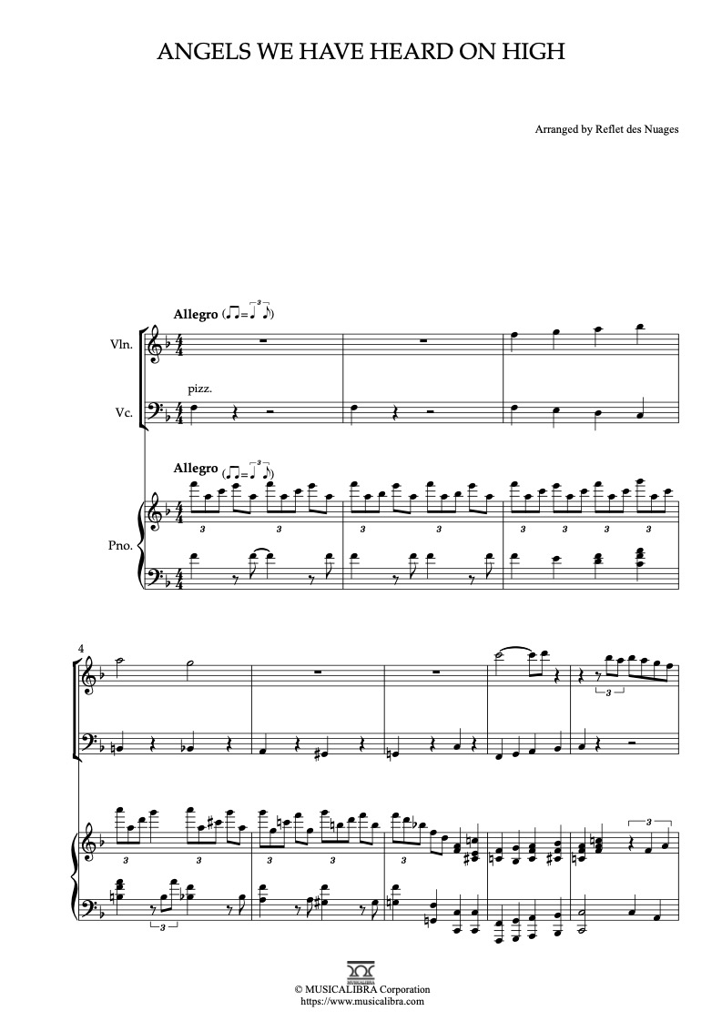 Sheet music of Angels We Have Heard on High arranged for violin, cello and piano trio chamber ensemble preview page 1