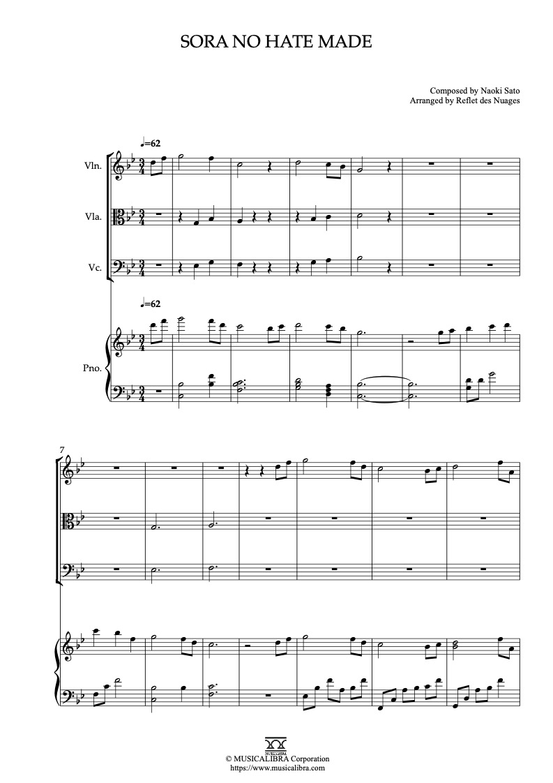 Partitura de Sword of the Stranger Sora no hate made arreglada para cuarteto de violín, viola, violonchelo y piano