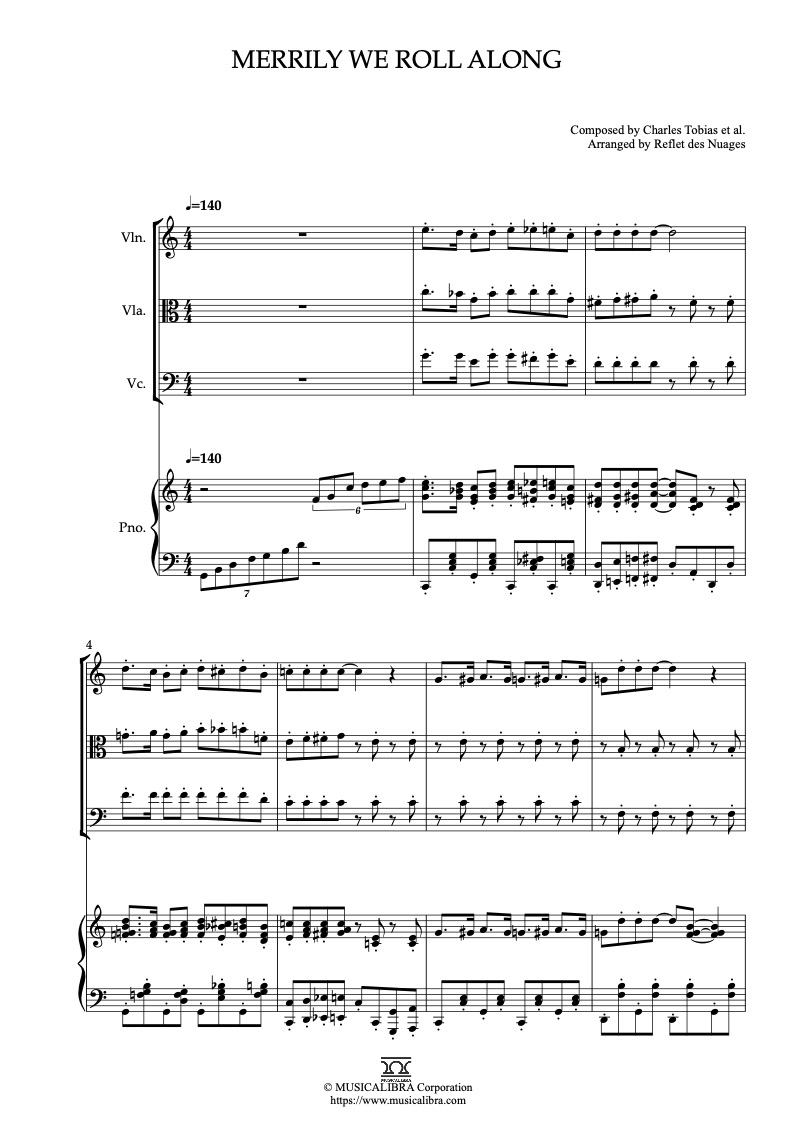 Partitura de Looney Tunes Merrily We Roll Along arreglada para cuarteto de violín, viola, violonchelo y piano