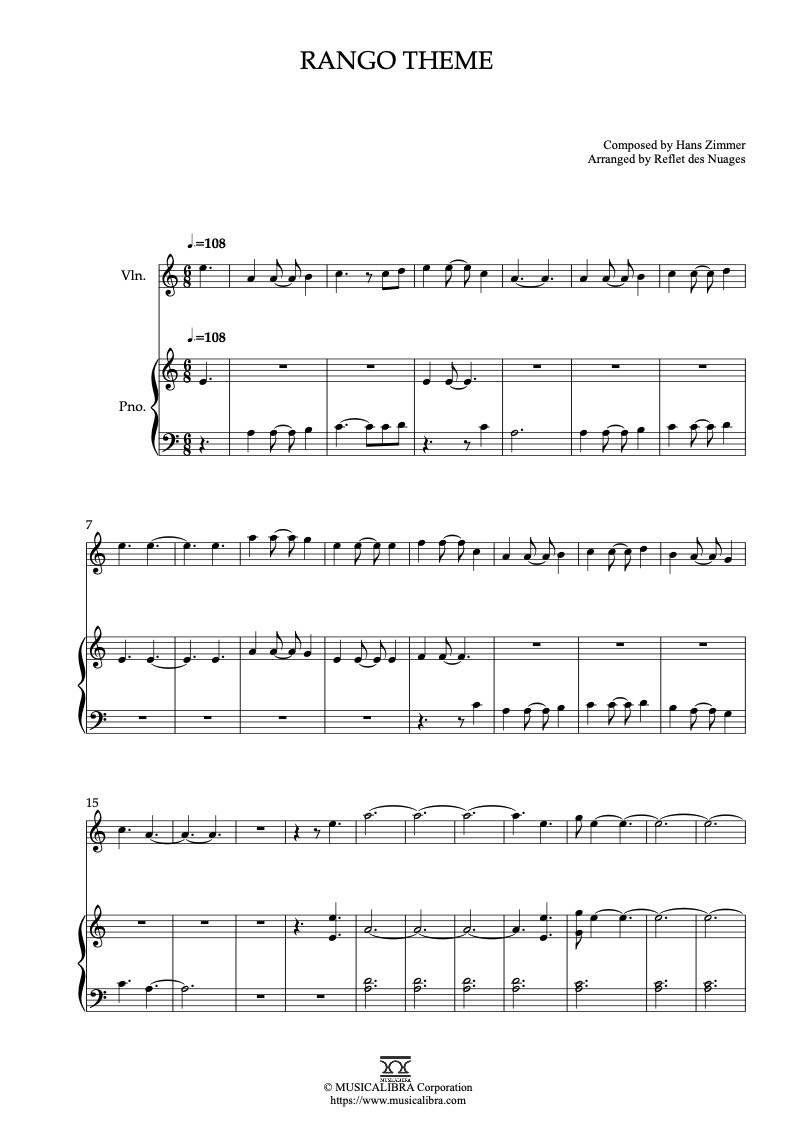 Sheet music of Rango Theme arranged for violin and piano duet chamber ensemble preview page 1