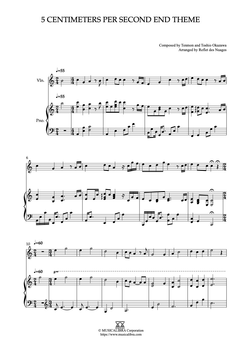 Partitura de 5 Centimeters Per Second End Theme arreglada para dueto de violín y piano