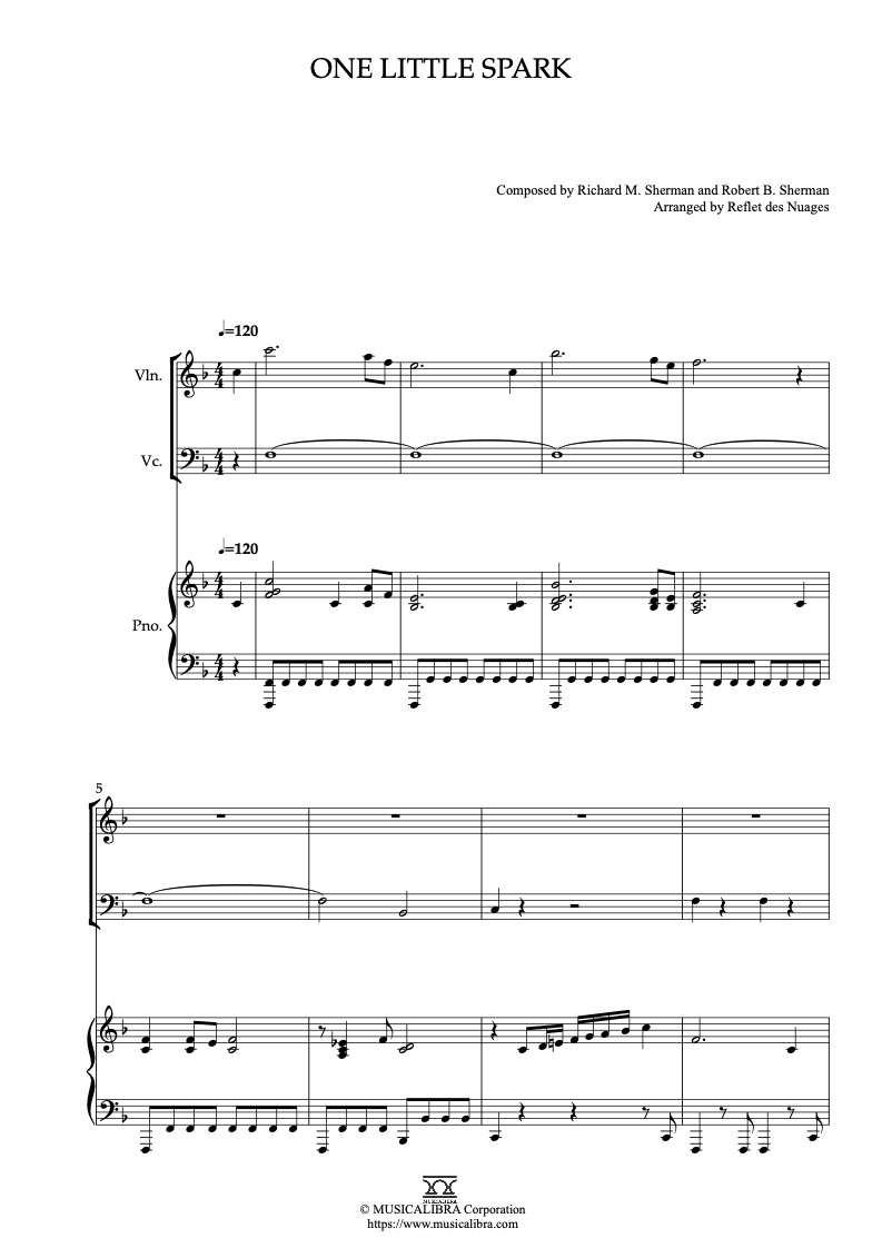 Partitura de One Little Spark arreglada para trío de violín, violonchelo y piano