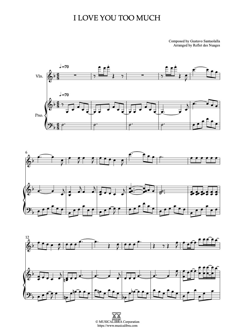Partitura de The Book of Life I Love You Too Much arreglada para dueto de violín y piano